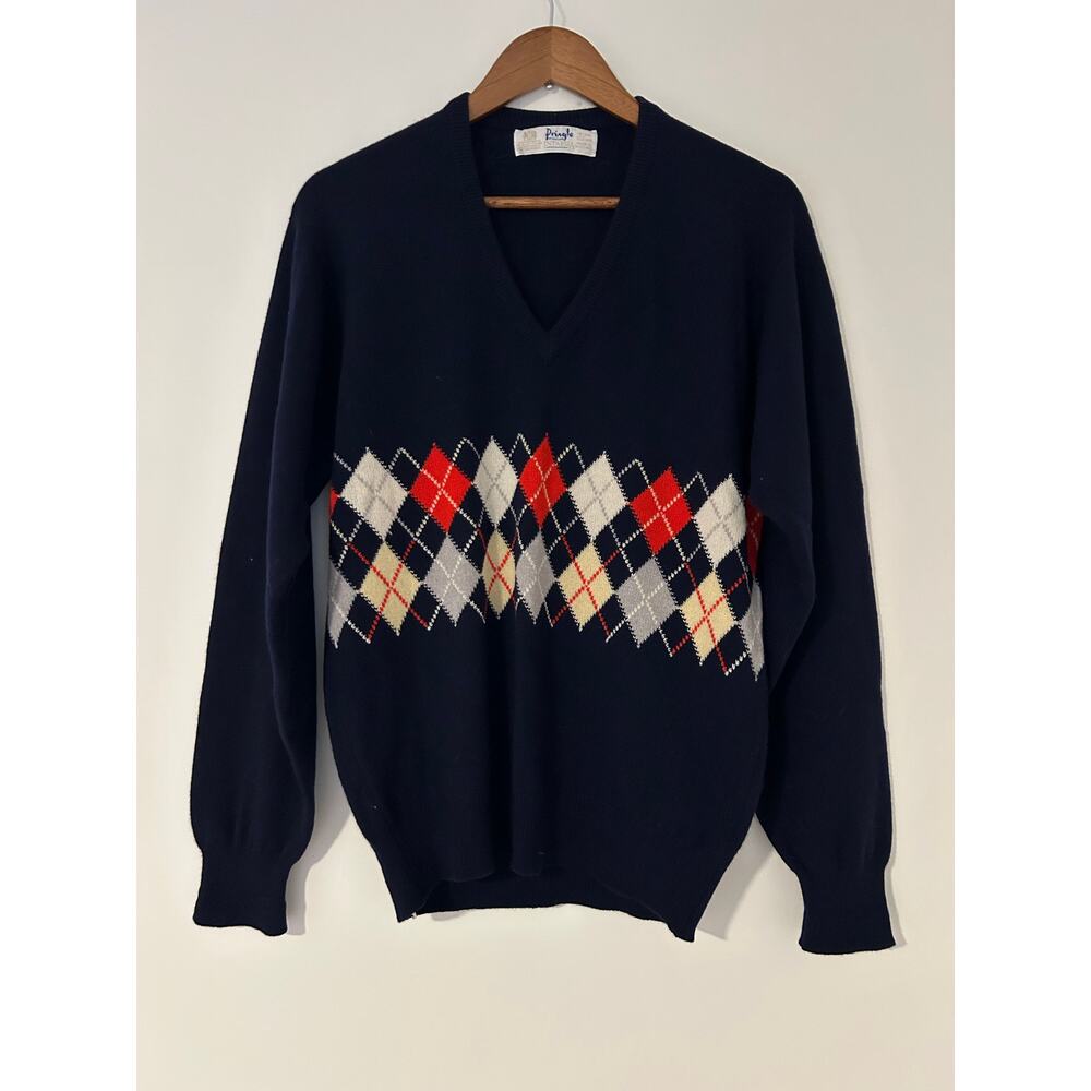VTG Pringle of Scotland Intarsia Argyle Diamond Print Sweater 100% Cashmere EUC